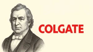 Fundador da Colgate William Colgate ao lado da marca Colgate
