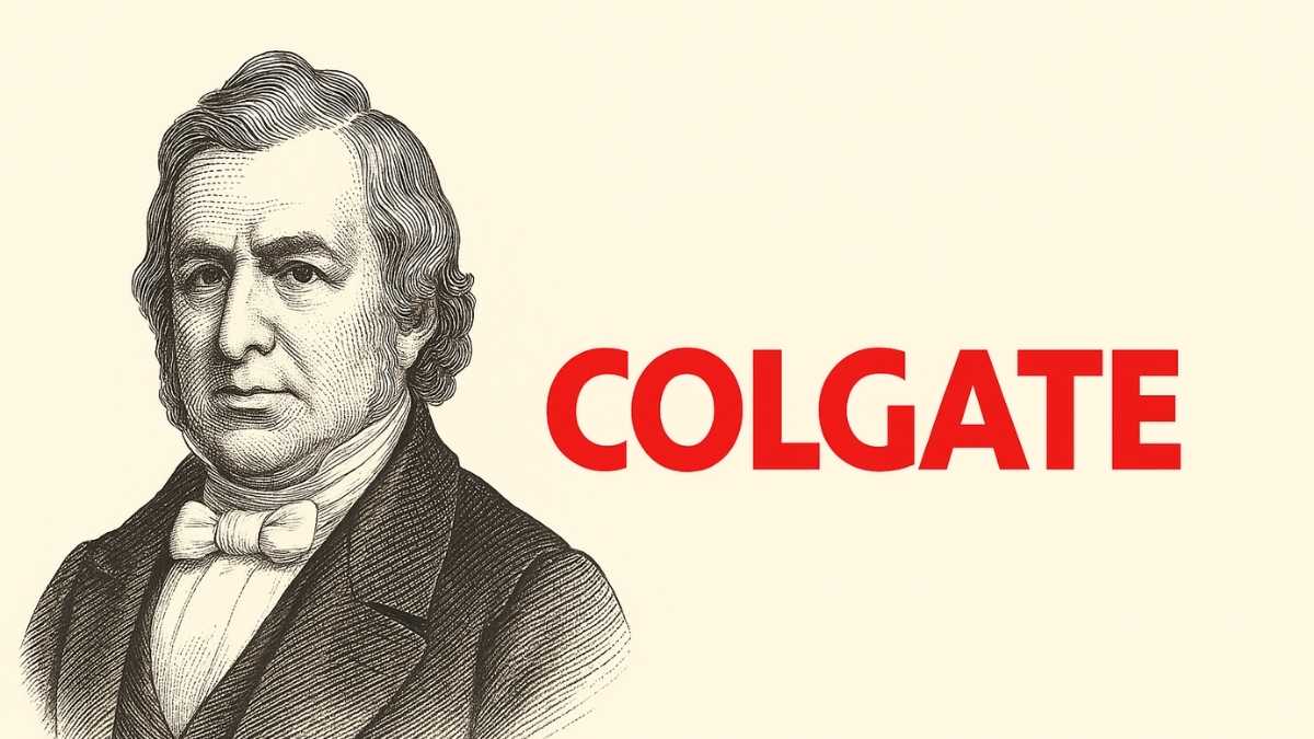 Fundador da Colgate William Colgate ao lado da marca Colgate