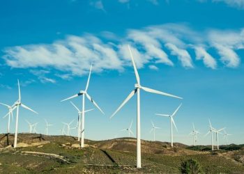 A imagem mostra um parque de energia eólica.