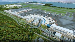 Vista aérea do Aeroporto do Galeão, destacando sua infraestrutura e potencial para se tornar um hub internacional após a concessão.