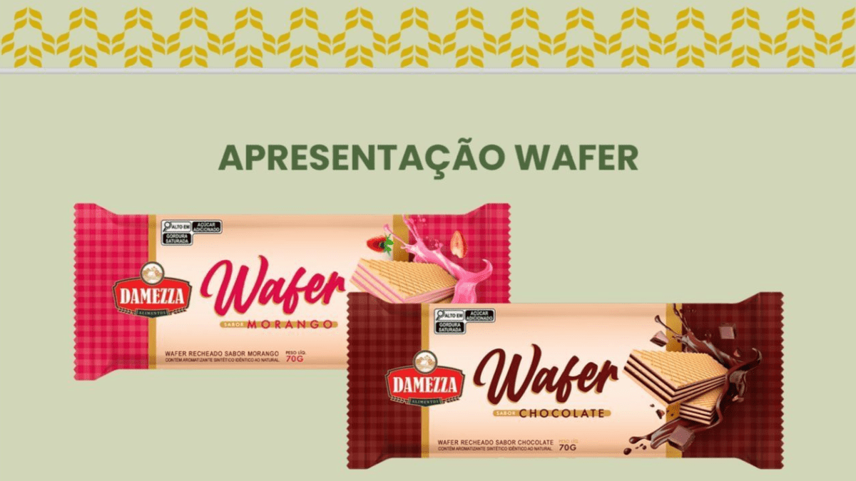 Embalagem da nova linha de biscoito Wafer sabor chocolate e morango do grupo Damezza.