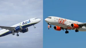 Decolagem dos aviões da Azul e Gol.