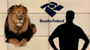 Imagem com Leão da Receita Federal à esquerda e um cidadão sombreado ao lado, com logo da RFB. Estudo do Ipea mostra distorção tributária no Brasil