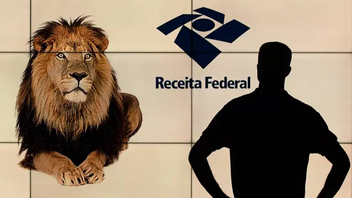 Imagem com Leão da Receita Federal à esquerda e um cidadão sombreado ao lado, com logo da RFB. Estudo do Ipea mostra distorção tributária no Brasil