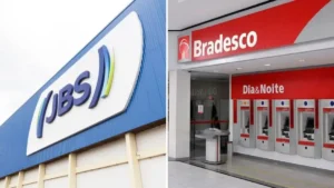 Fachadas da fábrica da JBS e da agência do Bradesco, destacando duas das maiores empresas do Brasil nos setores de alimentos e financeiro.