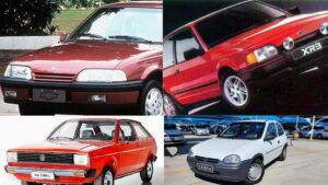 Imagem dos carros dos anos 1980 a 2000, como Monza, Escort XR3, Gol e Corsa.
