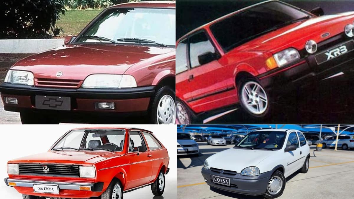 Imagem dos carros dos anos 1980 a 2000, como Monza, Escort XR3, Gol e Corsa.