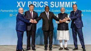Da esquerda para direita: Luiz Inácio Lula da Silva, Presidente da República Popular da China, Xi Jinping, Presidente da África do Sul, Matamela Cyril Ramaphosa, Primeiro-Ministro da Índia, Narendra Damodardas e Ministro das Relações Exteriores da Rússia, Sergey Lavrov. Evento em 2023. Governo é contra a entrada da Venezuela no Brics
