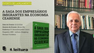 Arte de divulgação do lançamento do livro de Henrique Marinho, o qual tem foto ao lado da arte.