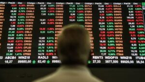 Homem de costas observando painel de ações da Ibovespa, que fechou em queda hoje (08 de novembro de 2024)