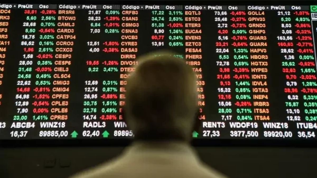 Homem de costas observando painel de ações da Ibovespa, que fechou em queda hoje (08 de novembro de 2024)