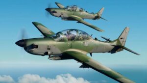 Imagem com duas aeronaves da Embraer, modelo Super Tucano A-29N. Aeronaves da Embraer são vendidas a cliente não revelado