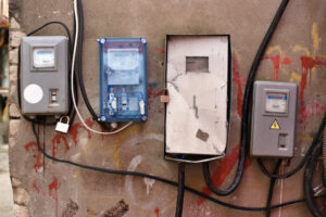Medidores de energia elétrica em uma parede, com sinais de adulteração e possíveis irregularidades relacionadas ao furto de energia.