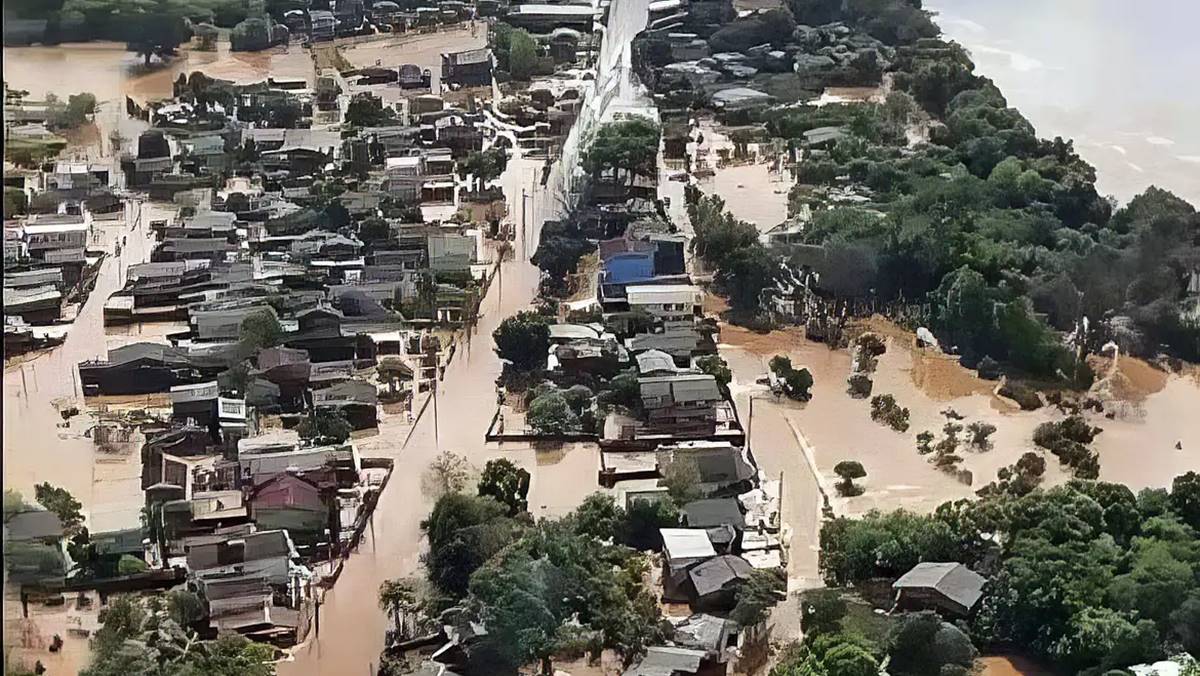 Vista aérea de região do RS alagada pelas enchentes de maio de 2024. Fundo de recuperação ao RS é oficializado pelo governo federal