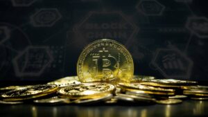Na imgem, um ilustração de uma criptomoeda em meio a possibilidade de o Goldman Sachs cogitar a negociação de bitcoin
