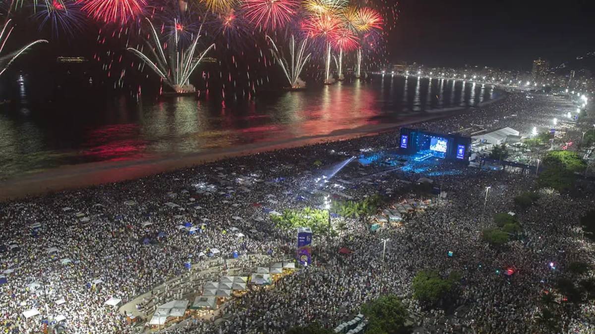 Imagem da queima da fogos na virada de ano em Copacabana. Réveillon no Rio de Janeiro movimentará mais de 3,2 bilhões, diz prefeitura da cidade