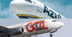 Imagem de aviões da Azul e Gol, destacando a união entre Azul e Gol no mercado aéreo brasileiro.