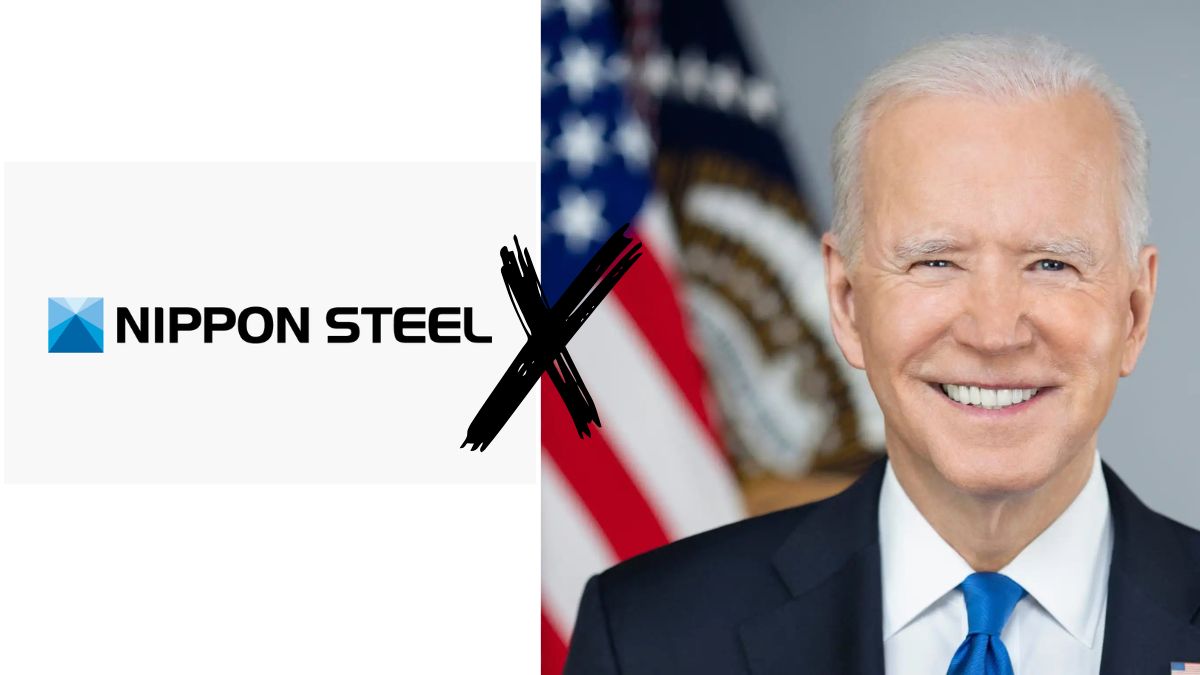 Imagem da logo da Nippon Sttel e ao lado Joe Biden para ilustrar uma matéria jornalística sobre a aquisição, venda e fusão da U.S. Steel pela Nippon Steel.