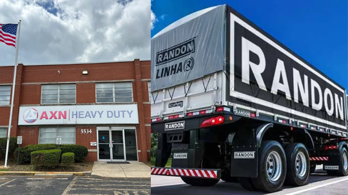 Fachada da AXN Heavy Duty nos Estados Unidos ao lado de caminhão da Randon, destacando a aquisição estratégica da Randon.
