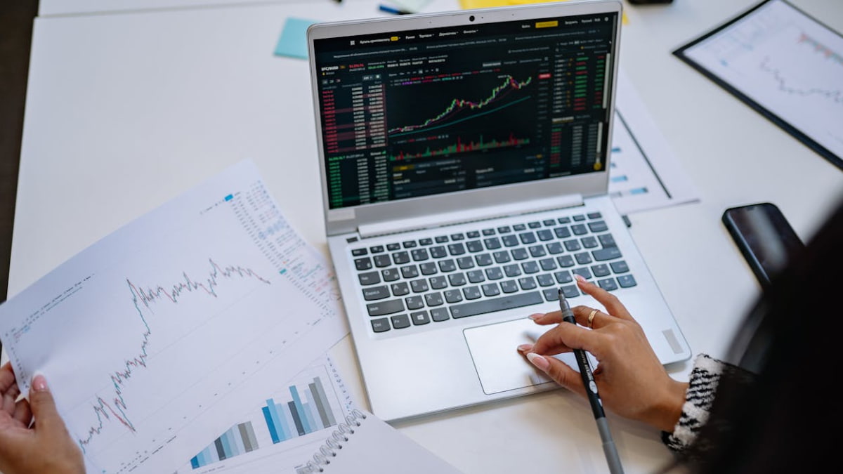 Pessoa analisando gráficos de economia e finanças em um laptop, representando os impactos do reajuste do salário mínimo 2025.
