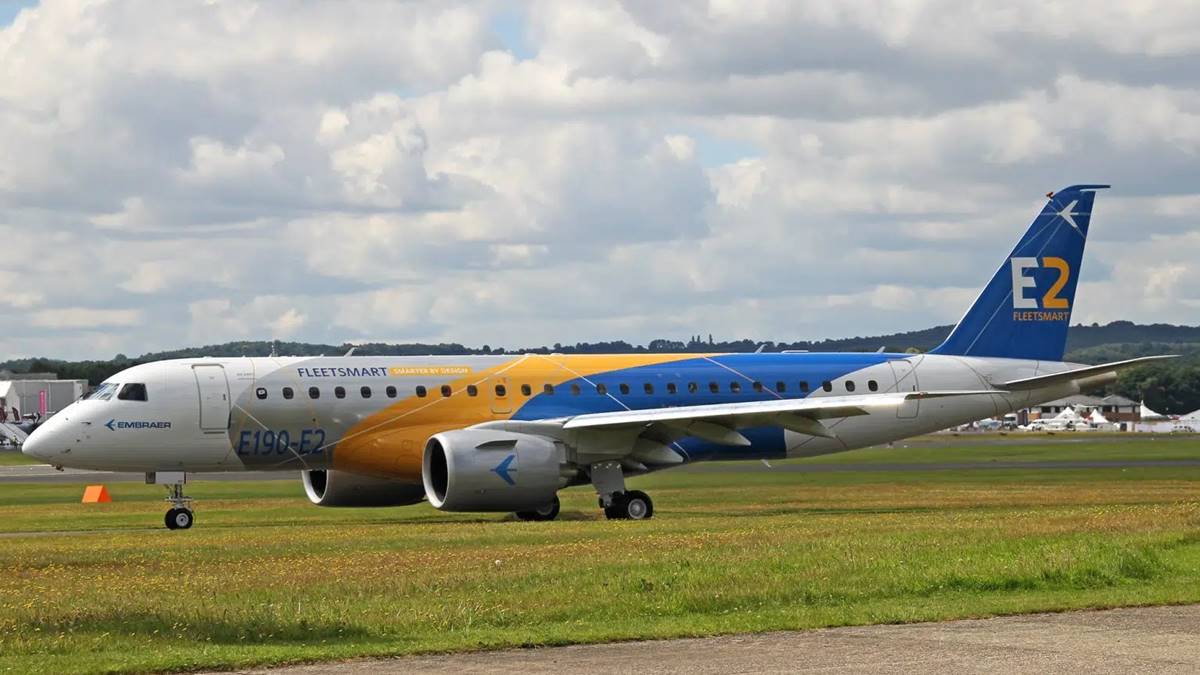 Imagem de aeronave fabricada pela Embraer. Venda de aviões brasileiros com financiamento do BNDES