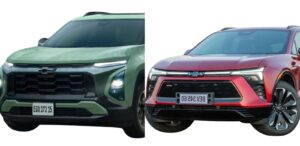 Imagem comparativa entre o Chevrolet Blazer EV RS e o Chevrolet Equinox EV, destacando as diferenças visuais dos SUVs elétricos.