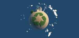A imagem mostra o planeta Terra com o símbolo da reciclagem, representando as startups de reciclagem.