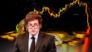 A imagem mostra um montante de criptomoedas e ao fundo um gráfico da bolsa de valores, que simbolizam a criptomoeda de Milei.