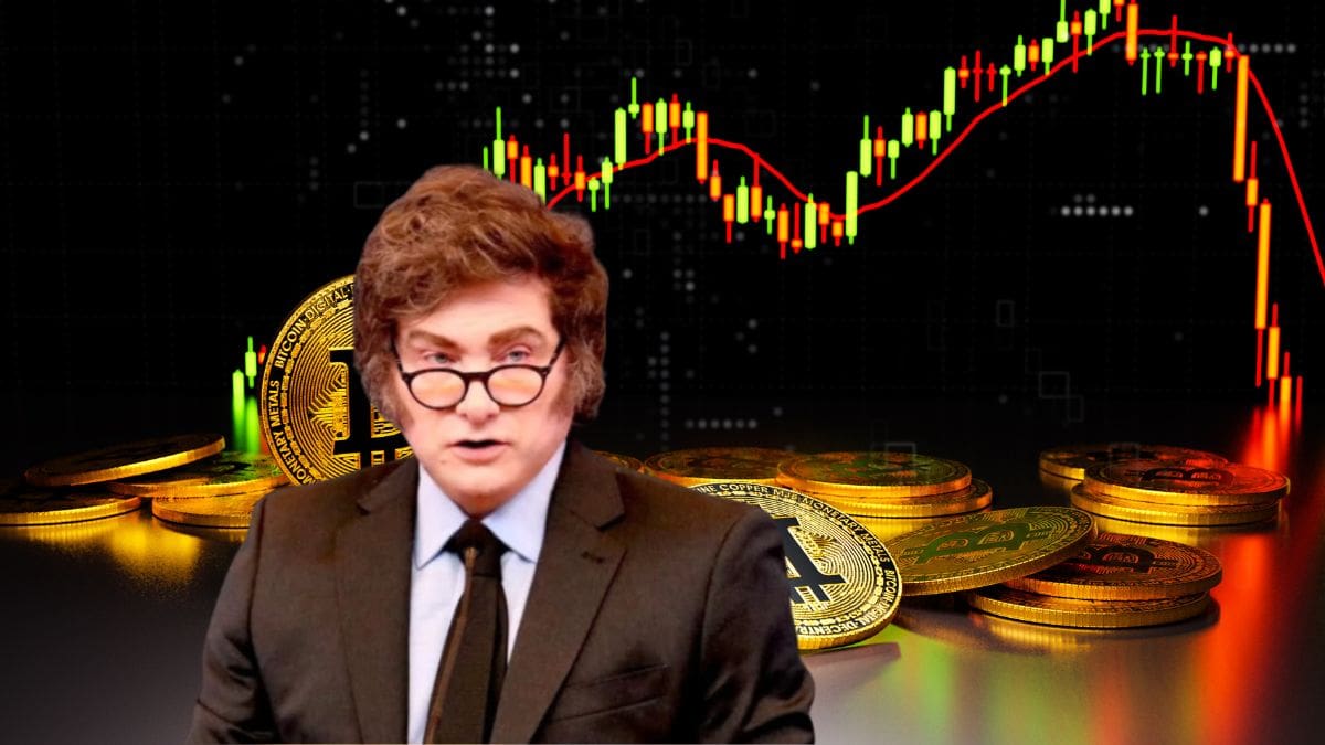 A imagem mostra um montante de criptomoedas e ao fundo um gráfico da bolsa de valores, que simbolizam a criptomoeda de Milei.