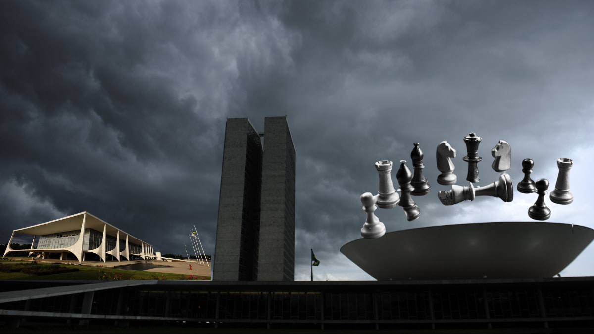 Imagem do Palácio do Planalto e do Congresso Nacional sob um céu nublado, representando a crise política no Brasil. No topo da cúpula do Congresso, peças de xadrez flutuam no ar, simbolizando a instabilidade e o jogo de poder entre Executivo, Legislativo e Judiciário.