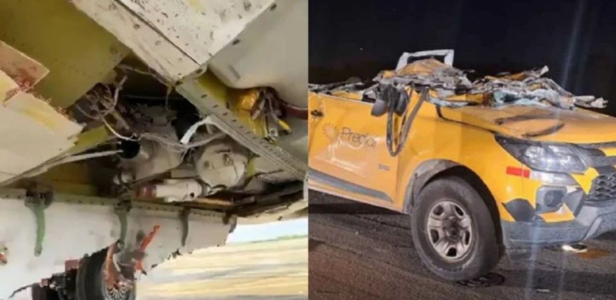 A imagem retrata o acidente com avião da Gol e carro no Galeão.