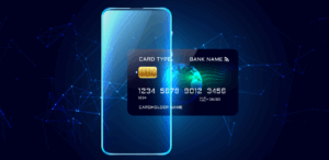 A imagem traz uma representação dos pagamentos digitais, apresentando um smartphone translúcido ao lado de um cartão de crédito virtual flutuante.
