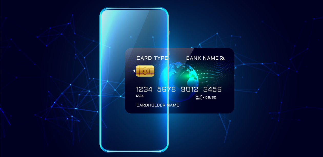 A imagem traz uma representação dos pagamentos digitais, apresentando um smartphone translúcido ao lado de um cartão de crédito virtual flutuante.