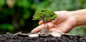 A imagem retrata uma pessoa plantando uma árvore em um solo fértil e em várias moedas espalhadas no solo, representando a economia circular no Brasil.