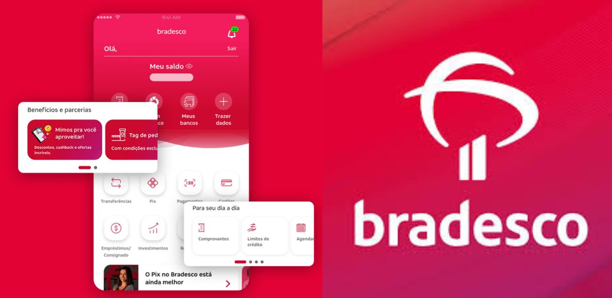 A imagem mostra de um lado a logo do Banco Bradesco e do outro lado a imagem da tela do aplicativo, expondo a falha no apps bancários.
