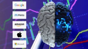 Impacto da IA nas Big Techs: cérebro digital e gráfico de ações representam a influência da Inteligência Artificial no mercado financeiro e nas gigantes da tecnologia como Amazon, Google, Microsoft, Meta e Apple.