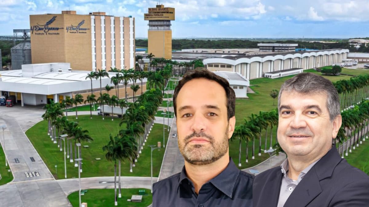 Fachada da sede da M. Dias Branco com área verde e prédios industriais ao fundo. Em destaque, os novos vice-presidentes da empresa.