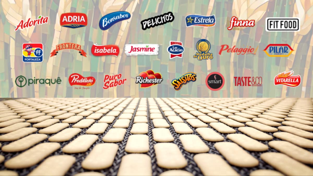 Resultado da M. Dias Branco no 4T24: Marcas do grupo em destaque sobre fundo com biscoitos em processo de fabricação, representando a força da companhia no setor alimentício.