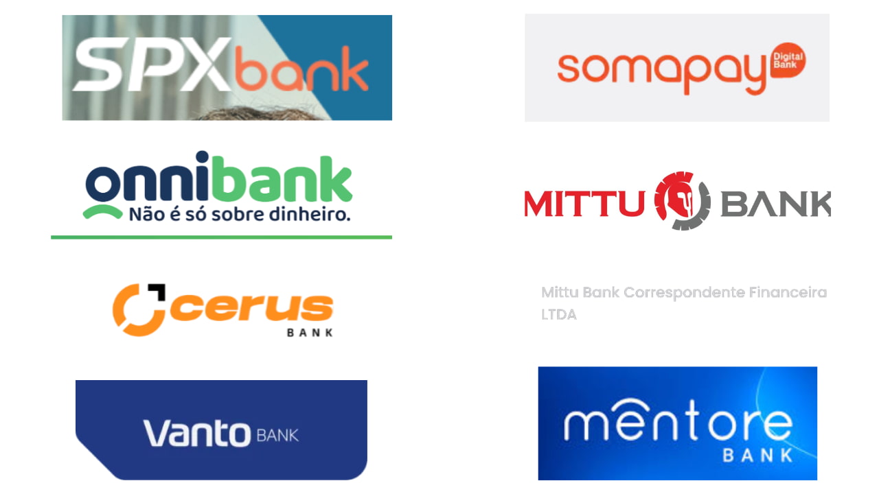 Logotipos de fintechs como SPX Bank, Somapay Bank, Onnibank, Mittu Bank, Cerus Bank, Vanto Bank e Mêntore Bank, que podem ser impactadas por nova regulamentação do Banco Central.