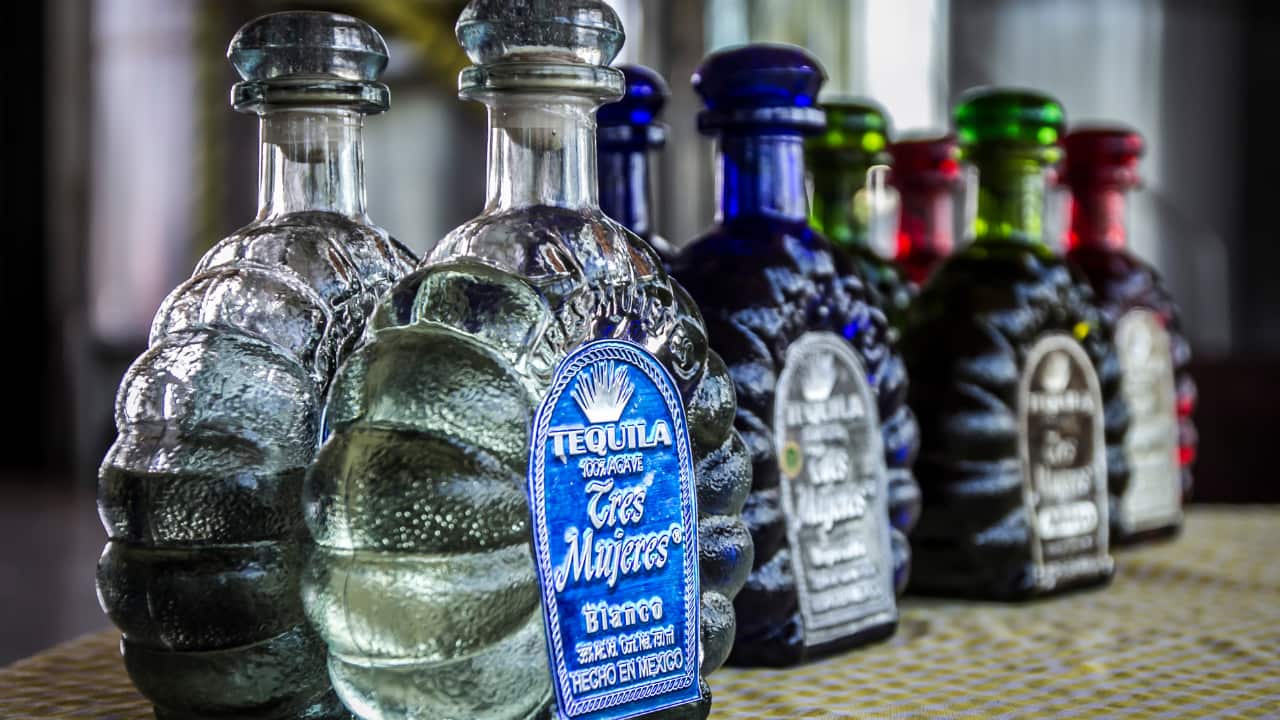 Garrafas de tequila Tres Mujeres alinhadas, ilustrando a diversidade do mercado em meio à queda dos preços nos EUA.