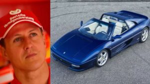 Primeira Ferrari de Schumacher, modelo F355 GTS azul, ao lado de uma imagem do piloto, destacando sua conexão com o icônico esportivo.
