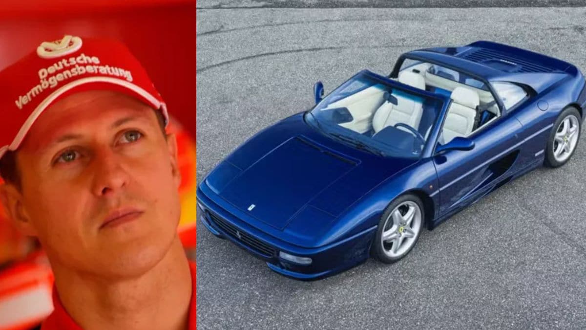 Primeira Ferrari de Schumacher, modelo F355 GTS azul, ao lado de uma imagem do piloto, destacando sua conexão com o icônico esportivo.
