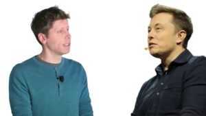Sam Altman e Elon Musk em um debate. Altman, vestindo uma camisa azul, parece estar falando, enquanto Musk, com um microfone de lapela, escuta com expressão séria.