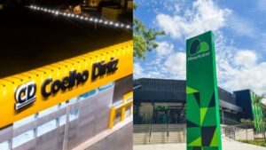 Fachada do Supermercado Coelho Diniz à noite com iluminação amarela e fachada do Grupo Pão de Açúcar durante o dia com letreiro verde.