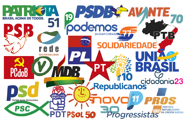 Imagem com a logo dos partidos em atuação na política brasileira.