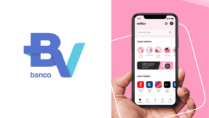 Logotipo do Banco BV ao lado de um smartphone exibindo o aplicativo Méliuz, com interface de cashback e lojas parceiras.