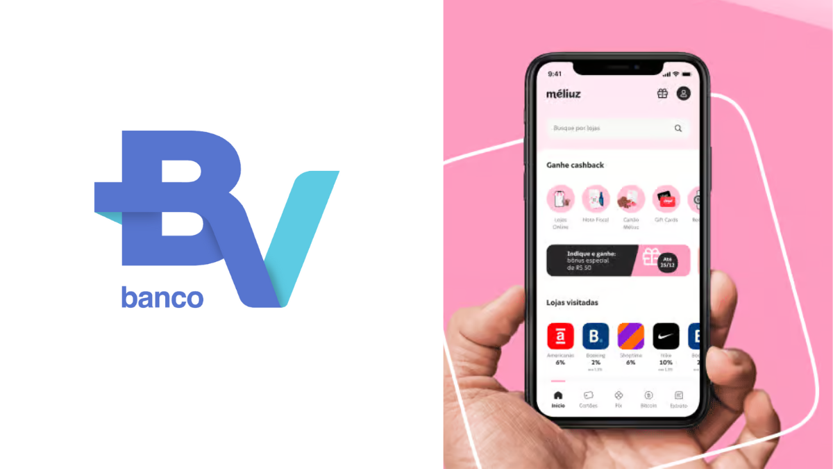 Logotipo do Banco BV ao lado de um smartphone exibindo o aplicativo Méliuz, com interface de cashback e lojas parceiras.