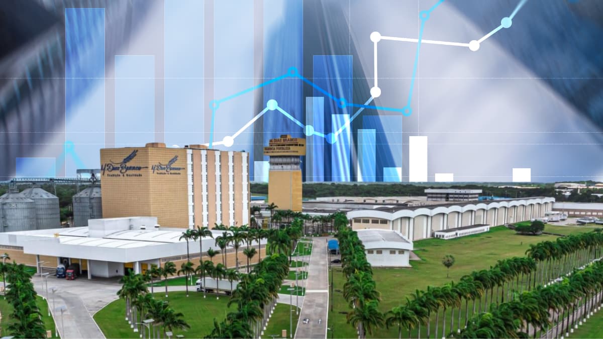 Resultado da M. Dias Branco no 4T24: imagem da sede industrial da companhia com gráficos financeiros ao fundo, representando crescimento e desempenho positivo no setor alimentício.