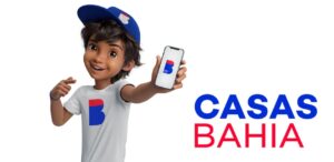 A imagem mostra o Baianinho, mascote das Casas Bahia para representar que as ações das Casas Bahia dispararam.
