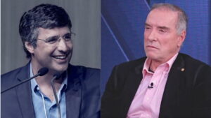 Montagem com André Esteves, sorrindo em um evento, e Eike Batista, sério durante uma entrevista, refletindo a disputa judicial entre os empresários.